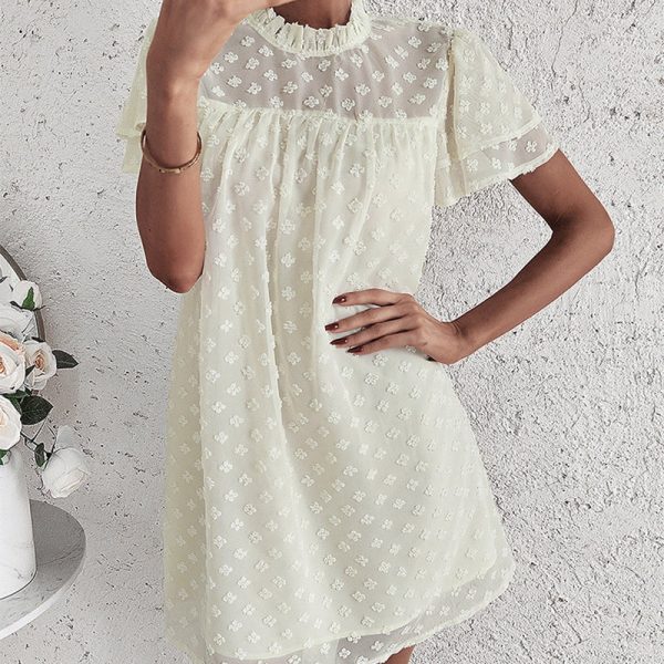 Alternative view of Fashion Spring Summer Sweet Solid Dress Women Ruffles Short Sleeve Stand Collar Jacquard Sexy Short Dresses Ladies Holiday Style