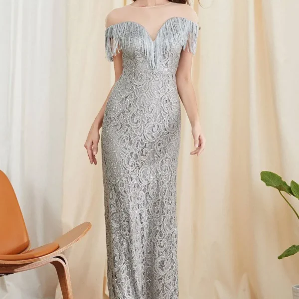 Alternative view of Women's Evening Party Prom O Neck Short Sleeves Embroidery Beaded Tassels Patchwork Elegant Long Dresses