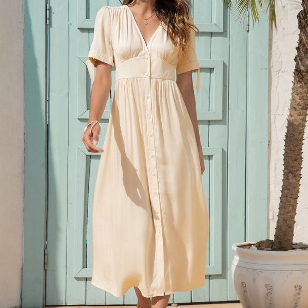 Alternative view of Summer Slim Long Dress For Women Casual V Neck Bandage Sleeve Solid Button Maxi Dress Ladies Elegant Sundress