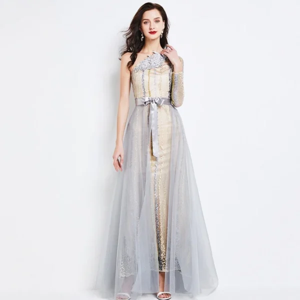 Women's Runway Dresses Sexy One Shoulder Embroidery Sash Belt Two Pieces Fashion Maxi Party Prom Designer Gown