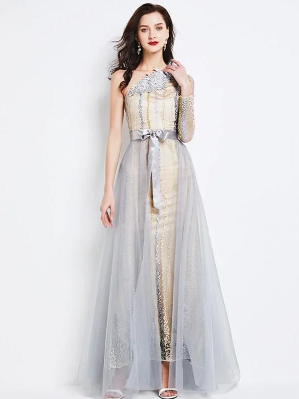 Women's Runway Dresses Sexy One Shoulder Embroidery Sash Belt Two Pieces Fashion Maxi Party Prom Designer Gown