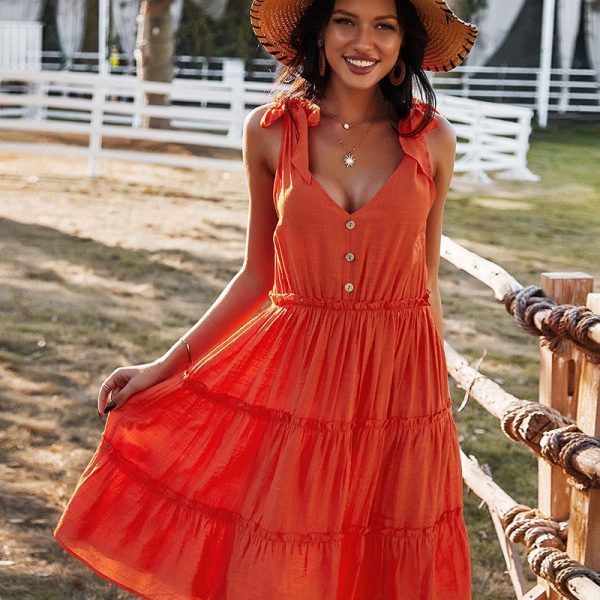 Alternative view of Spring Sexy Spaghetti Strap Dress Women Casual Sleeveless High Waist Button Dress For Women Solid Color Summer Dress