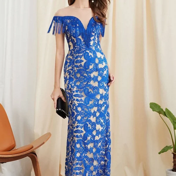 Alternative view of Womens Evening Party Prom O Neck Short Sleeves Embroidery Tassels Patchwork Elegant Long Designer Dresses