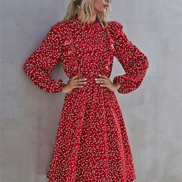 Alternative view of Fashion Ruffles Heart Dot Print Dress Women Elegant Full Sleeve High Waist Ladies Spring Autumn Long Dress Red