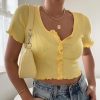 Sexy Women V-neck Short Sleeve Ruffle T-shirt Clubwear Buttons Bodycon Solid T-shirt Crop Tops Summer Outwear tee shirt femme - Hplify