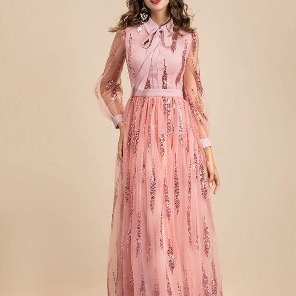 Alternative view of Women's Runway Dresses Turn Down Collar Long Sleeves Sequined Patchwork Elegant Maxi Party Dresses