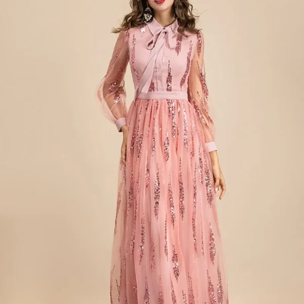 Alternative view of Women's Runway Dresses Turn Down Collar Long Sleeves Sequined Patchwork Elegant Maxi Party Dresses