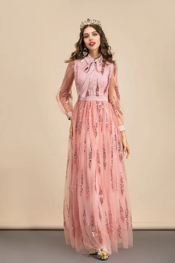 Alternative view of Women's Runway Dresses Turn Down Collar Long Sleeves Sequined Patchwork Elegant Maxi Party Dresses