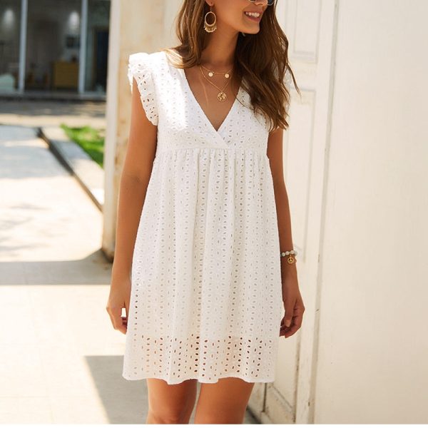 Solid Hollow Out Short Dress Women Sexy V Neck Butterfly Sleeve Lace Oversize Loose Summer Ladies Dresses