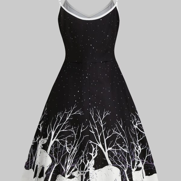 Alternative view of Sequined Reindeer Print Flared Spaghetti Strap Tree High Waist Cami Dress Mid-Calf Sleeveless A-Line Casual Dress
