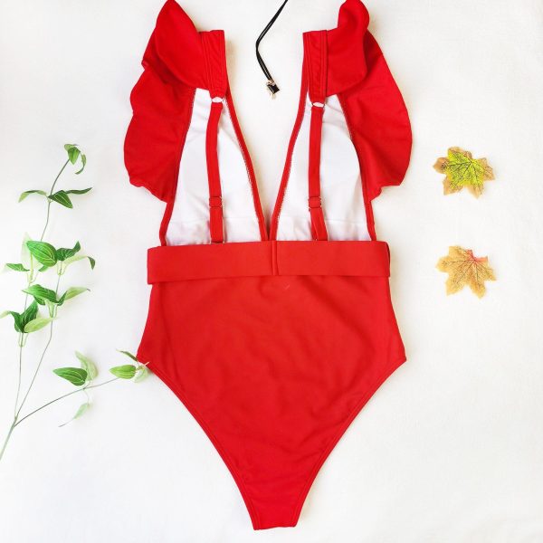 Plunging One Piece Swimsuits Ruffle Swimwear Women 2021 Belted Bathers Sexy Backless Beachwear High Cut Bathing Suits - Hplify