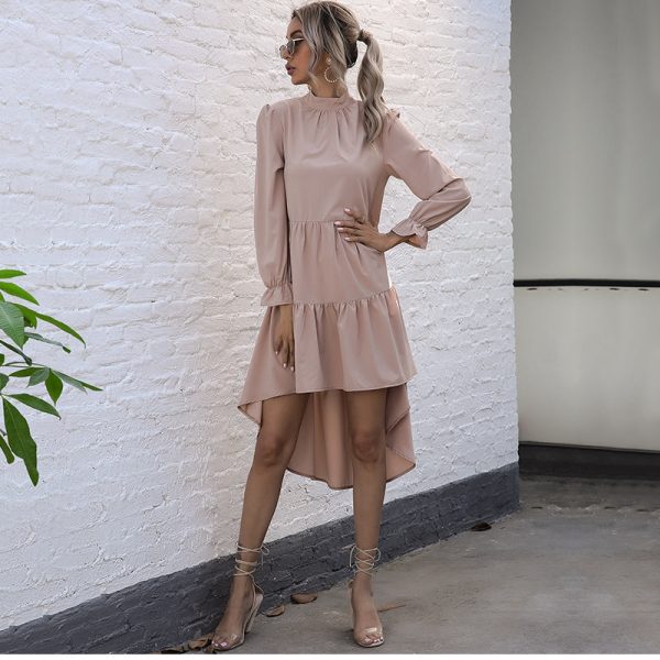 Summer Solid High-Low Dress Women Casual Flare Sleeve Half High Collar Ladies Shirring Asymmetrical Dress