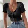 V-Neck Ribbed Short-Sleeve Button Short Top Deep Streetwear Tank Tops - Hplify