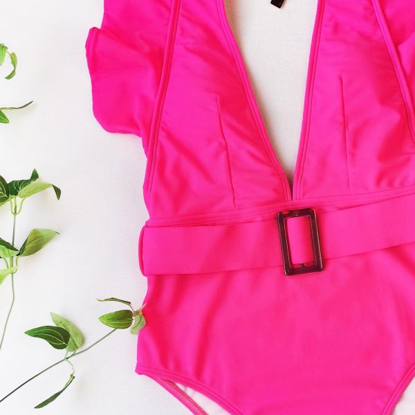 Plunging One Piece Swimsuits Ruffle Swimwear Women 2021 Belted Bathers Sexy Backless Beachwear High Cut Bathing Suits - Hplify