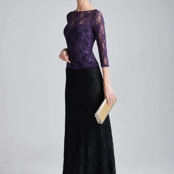 Women's Runway Dresses O Neck 3/4 Sleeves Embroidery Lace Color Block Fashion Long Party Prom Dresses