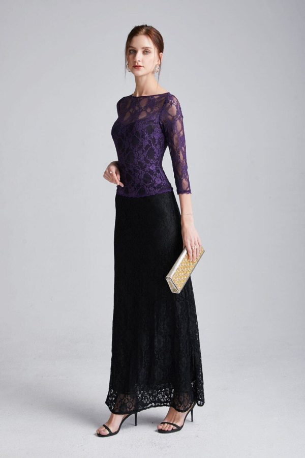 Women's Runway Dresses O Neck 3/4 Sleeves Embroidery Lace Color Block Fashion Long Party Prom Dresses