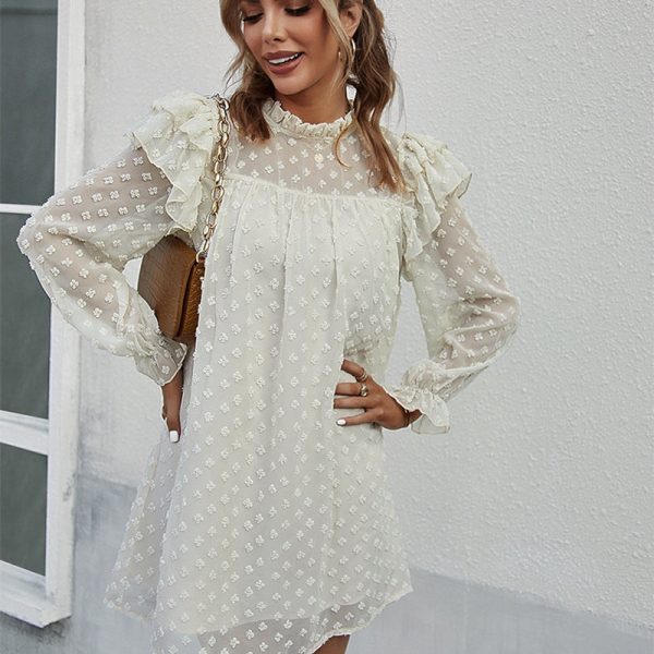 Spring Summer Sweet Solid Dress Women Ruffles Full Sleeve Stand Collar Jacquard Sexy Short Dresses Ladies Holiday Style