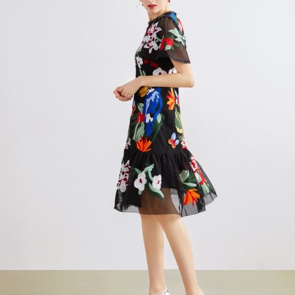 Alternative view of Women's Runway Dresses O Neck Short Sleeves Embroidery Elegant High Street Fashion Casual Dresses