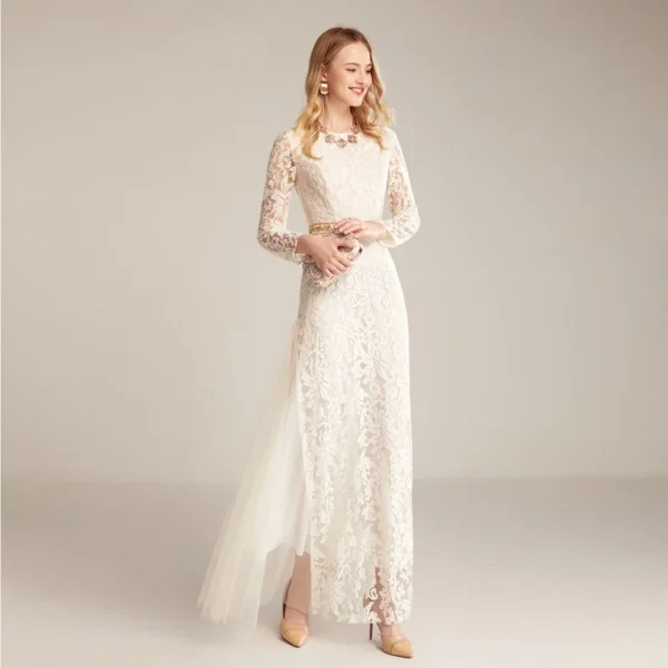 Alternative view of Women's Runway Dresses O Neck Long Sleeves Embroidery Lace Beaded Waist Elegant Fahion Maxi Party Prom