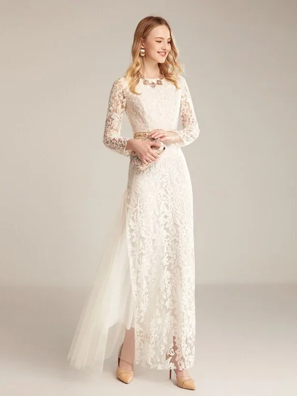 Alternative view of Women's Runway Dresses O Neck Long Sleeves Embroidery Lace Beaded Waist Elegant Fahion Maxi Party Prom
