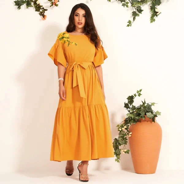 Women's Fashion Jacquard Embroidery Trumpet Sleeve Bow Tie Belt Was Thin and Waisted All-match Long Dress