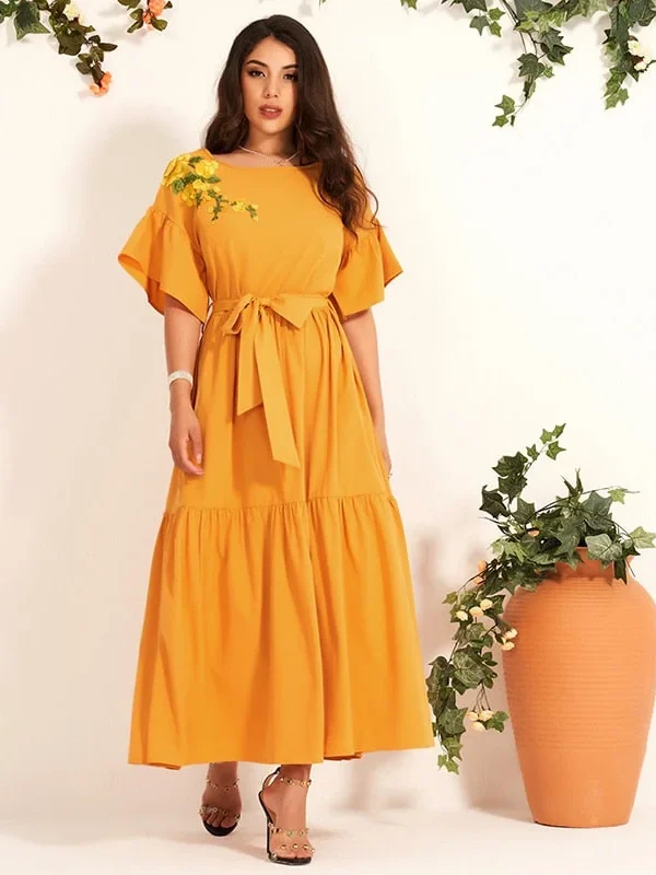 Women's Fashion Jacquard Embroidery Trumpet Sleeve Bow Tie Belt Was Thin and Waisted All-match Long Dress