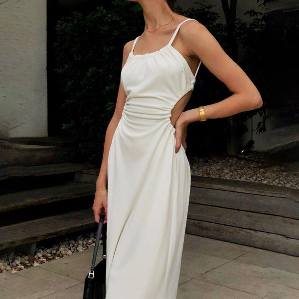 Sexy Open Back Spaghetti Strap Long Dress Women Summer French Style Vacation Beach Sundresses White Black C66-BF27