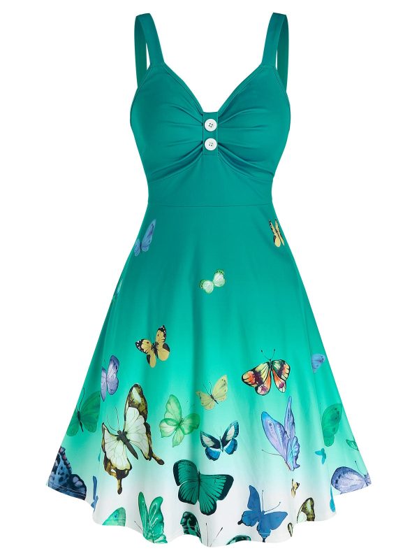 Ombre Color Butterfly Print Ruched Dress Casual Sleeveless V Neck Sling Mini Dress Ruched Dress Women Summer Sexy Dress