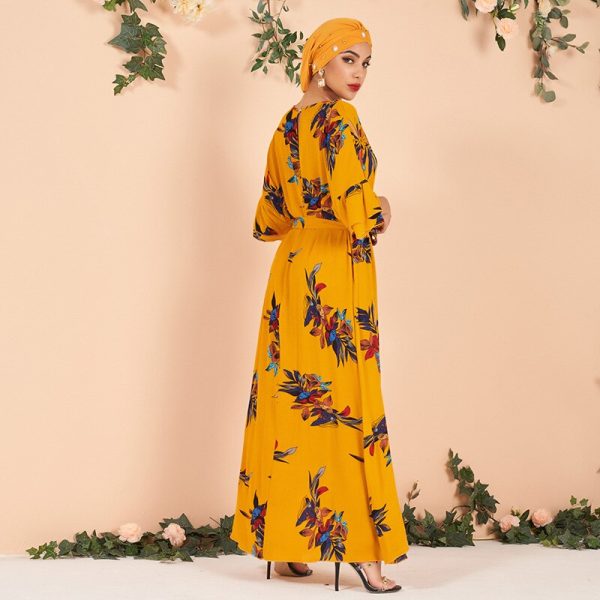 Alternative view of Summer Dress Women's Yellow Elegant Cotton Linen Floral Round Neck Loose Large Size Long Arab Robe Half Sleeve Dresses