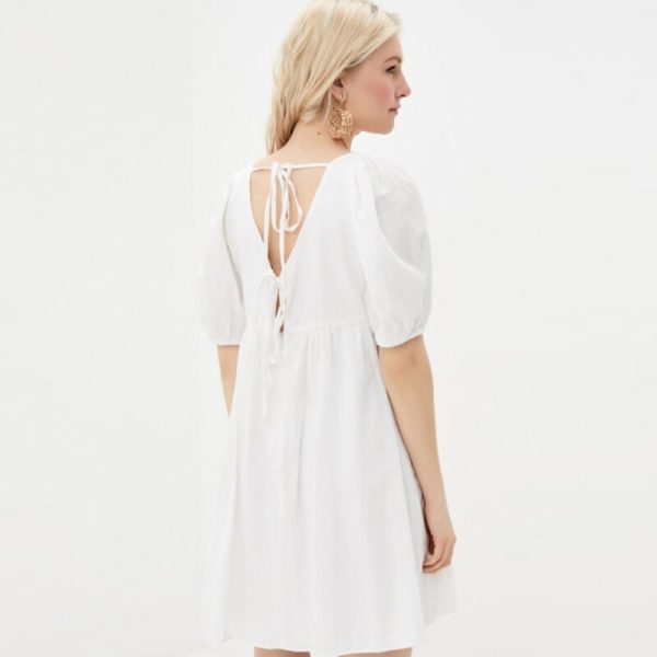 Alternative view of Sexy Backless Lace Up White Dress Puff Sleeve Square Collar French Romantic Elegant Fashion Holiday Mini Dress Beach Style
