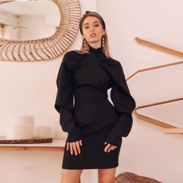 Elegant Turtleneck Solid Color Button Mini Dresses Women Long Lantern Sleeve Sheath Dress Office Lady Vestidos Autumn