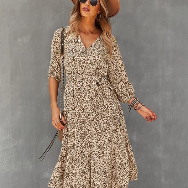 Alternative view of Autumn Winter Long Leopard Print Dress Women Casual V Neck Three Quarter Sleeve Bandage Maxi Dresses Female Leisure