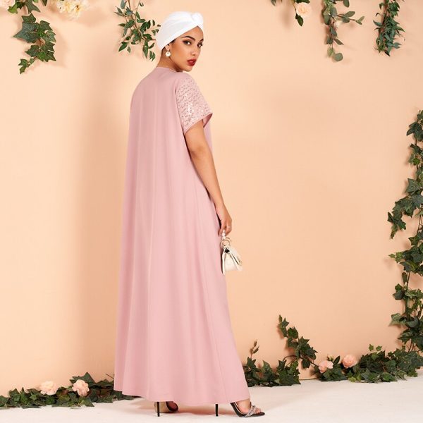 Alternative view of Summer Ladies Fashion Lapel Sequin Stitching Loose and Elegant Thin Arabian Powder Dress Long Women Dress (without Headscarf)