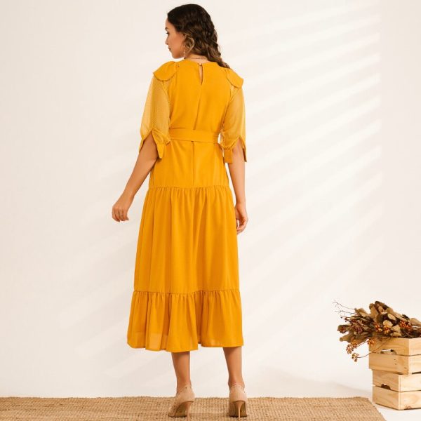 Alternative view of Summer Midi Dress Women Yellow Ruffled Hem Draped Back Buckle O-neck Mesh Lantern Half Sleeve Loose Casual Elegant Robe