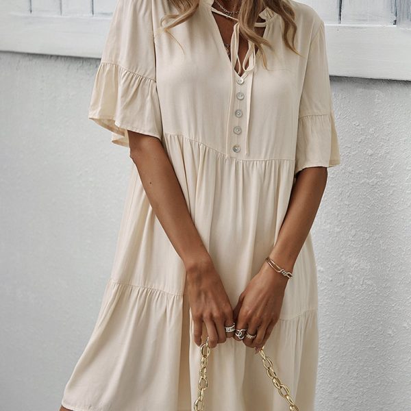 Spring Summer Solid Short Dress Women Casual Single Breasted Half Sleeve Ladies Temperament High Wasit Party Dresses New