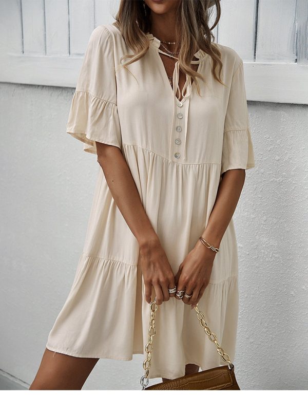 Spring Summer Solid Short Dress Women Casual Single Breasted Half Sleeve Ladies Temperament High Wasit Party Dresses New