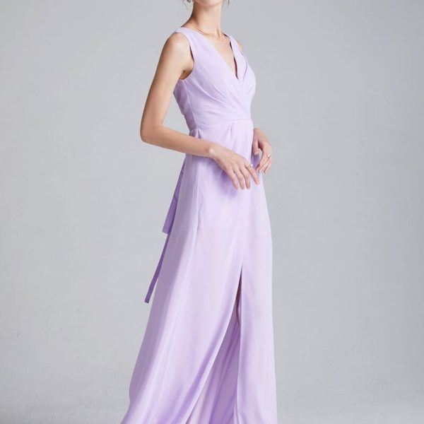 Alternative view of Women's Runway Dresses V Neck Sleeveless Sexy Split Ruched Lace Up Back Fashion Casual Long Prom Dresses