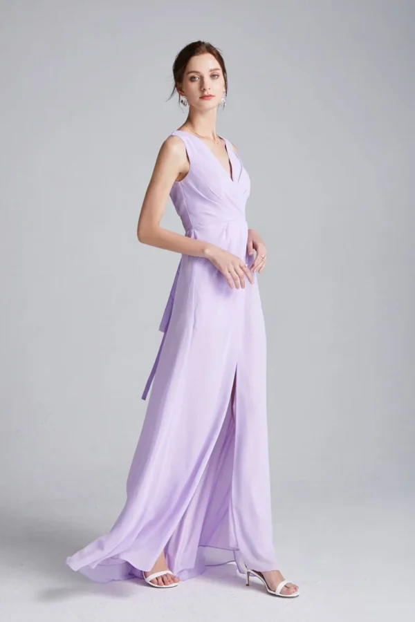 Alternative view of Women's Runway Dresses V Neck Sleeveless Sexy Split Ruched Lace Up Back Fashion Casual Long Prom Dresses