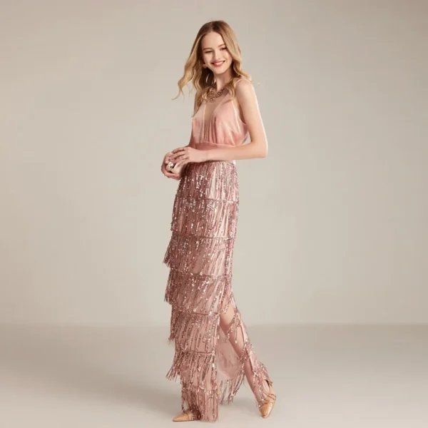 Alternative view of Women's Runway Dresses Sexy V Neck Velvet Patchwork Sequined Tiered Tassels Side Split Elegant Long Party Prom