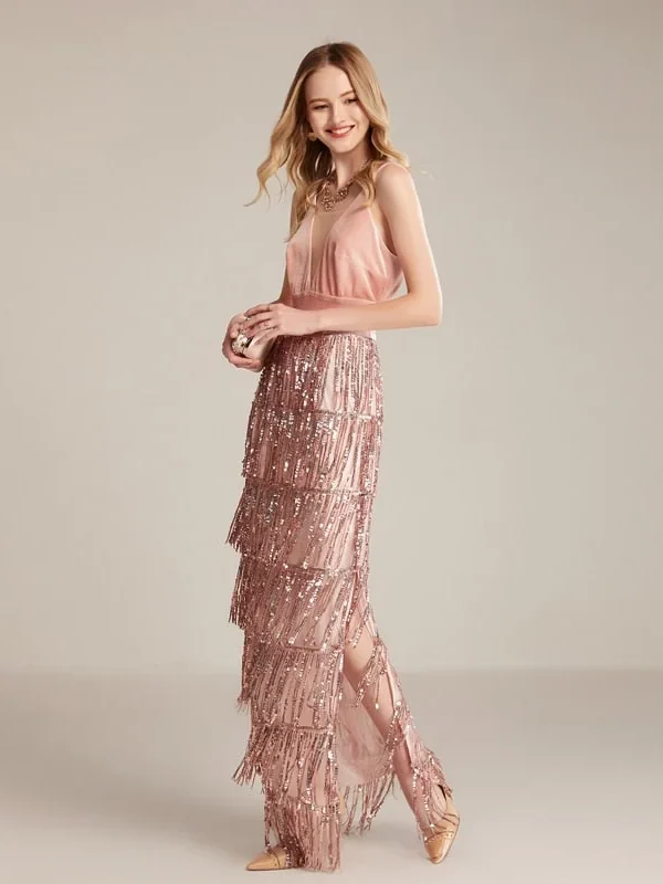 Alternative view of Women's Runway Dresses Sexy V Neck Velvet Patchwork Sequined Tiered Tassels Side Split Elegant Long Party Prom