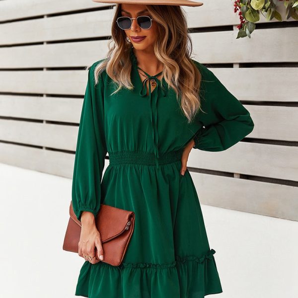 Autumn Winter Solid Full Sleeve Short Dress For Women Leisure Lace Up V Neck Edible Tree Fungus Ladies Casual Dress