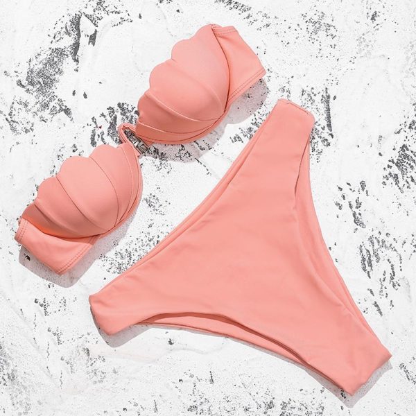 Shell Solid Bikinis Hard Pack Underwire Sexy Bikini 2021 New Arrival Strapless Mid Waist Swimsuit Pink Swimwear Women - Hplify