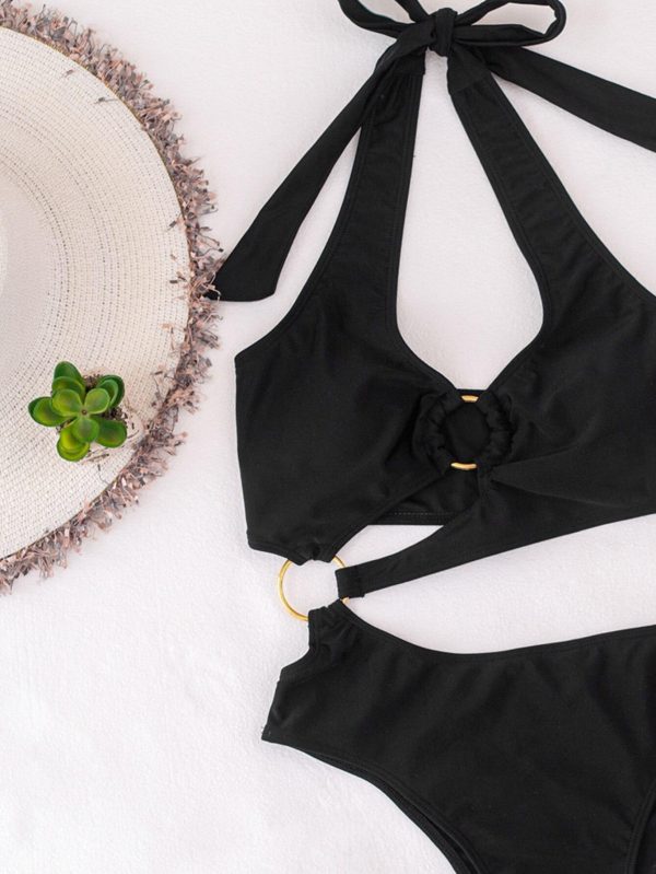 Black One Piece Swimsuits Women Push Up Swimwear Cut Out Monokini Sexy High Cut Bodysuits Bandage Halter Bathers 2021 New - Hplify