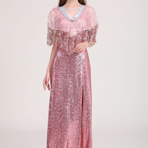 Women's Party Dress Low V Back Cape Detailing Tassels Shinning Split Elegant Long Prom Dresses