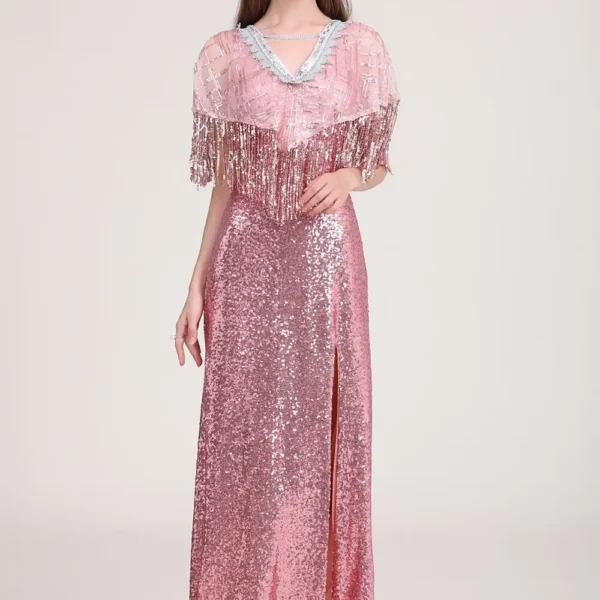 Women's Party Dress Low V Back Cape Detailing Tassels Shinning Split Elegant Long Prom Dresses