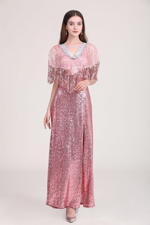 Women's Party Dress Low V Back Cape Detailing Tassels Shinning Split Elegant Long Prom Dresses