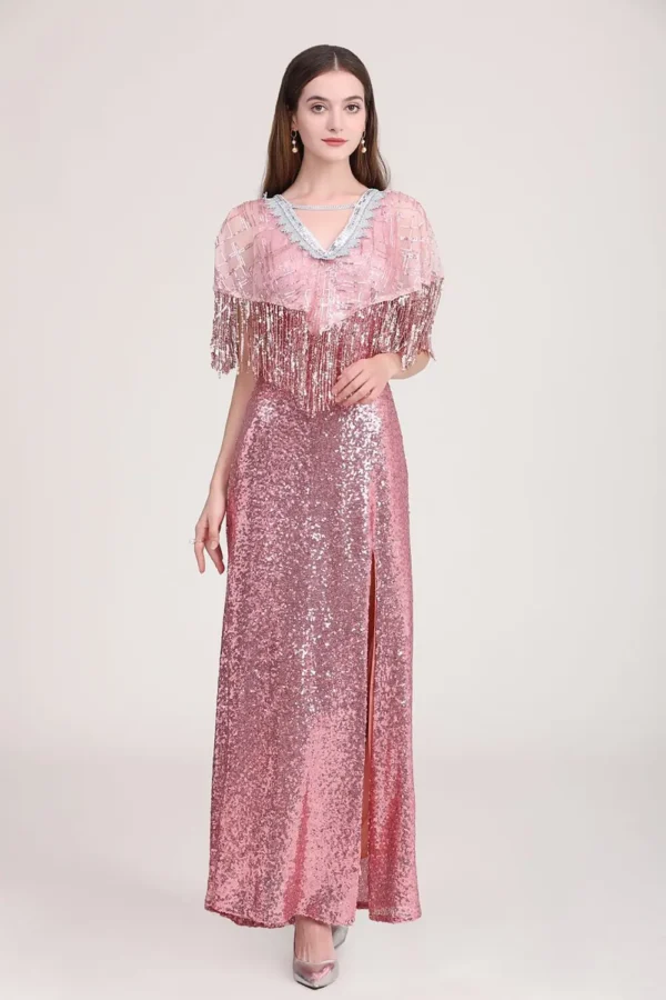 Women's Party Dress Low V Back Cape Detailing Tassels Shinning Split Elegant Long Prom Dresses