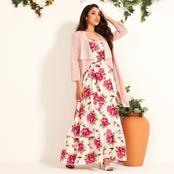 Alternative view of Spring New Ladies Fashion Sweet Color Sling Long Dress Irregular Loose Blouse Holiday Style Woman Sweet Pink Two-piece Suit