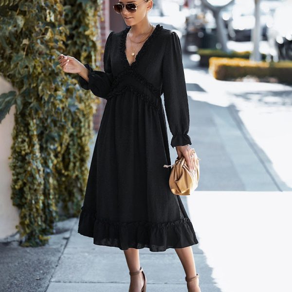 Alternative view of Spring Temperament Long Dress Women Casual Full Sleeve Ruffles V Neck Solid Dresses For Ladies High Waist Party Dress