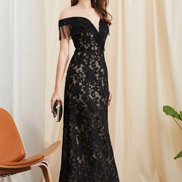 Women's Evening Party Prom O Neck Short Sleeves Embroidery Tassels Patchwork Elegant Long Designer Dresses